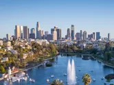 Echo Park and the skyline of Los Angeles, California, USA. 